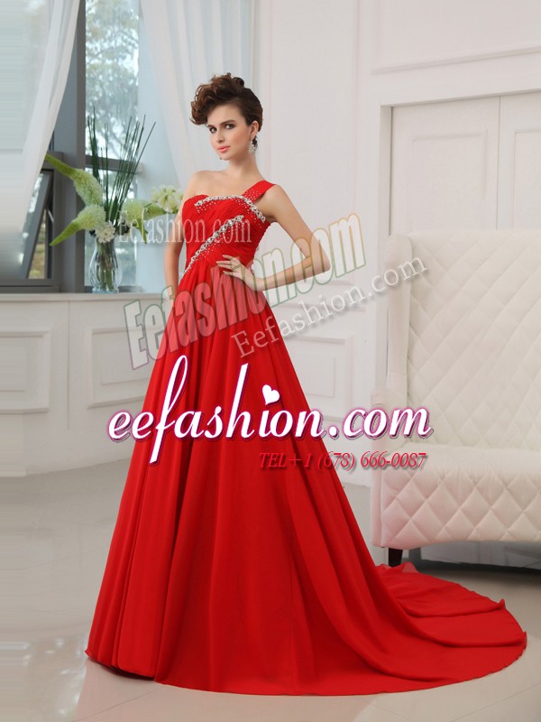 Best Selling Red Silk Like Satin Zipper One Shoulder Sleeveless Prom Gown Court Train Beading and Ruching
