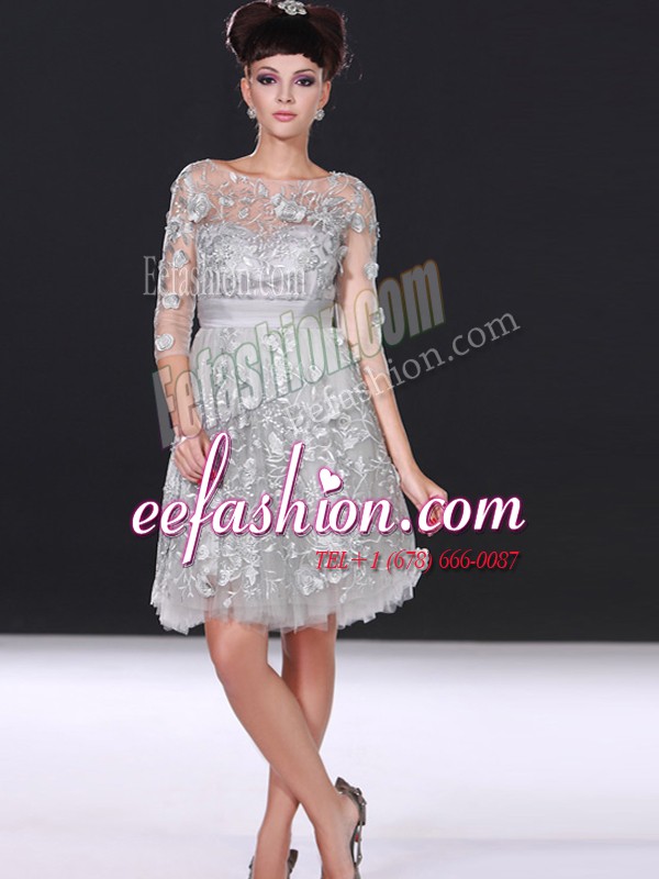  Beading and Lace Mother Of The Bride Dress Silver Zipper 3 4 Length Sleeve Knee Length