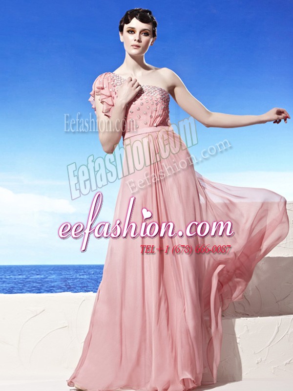 One Shoulder Pink Empire Beading Prom Dress Side Zipper Chiffon Sleeveless Floor Length