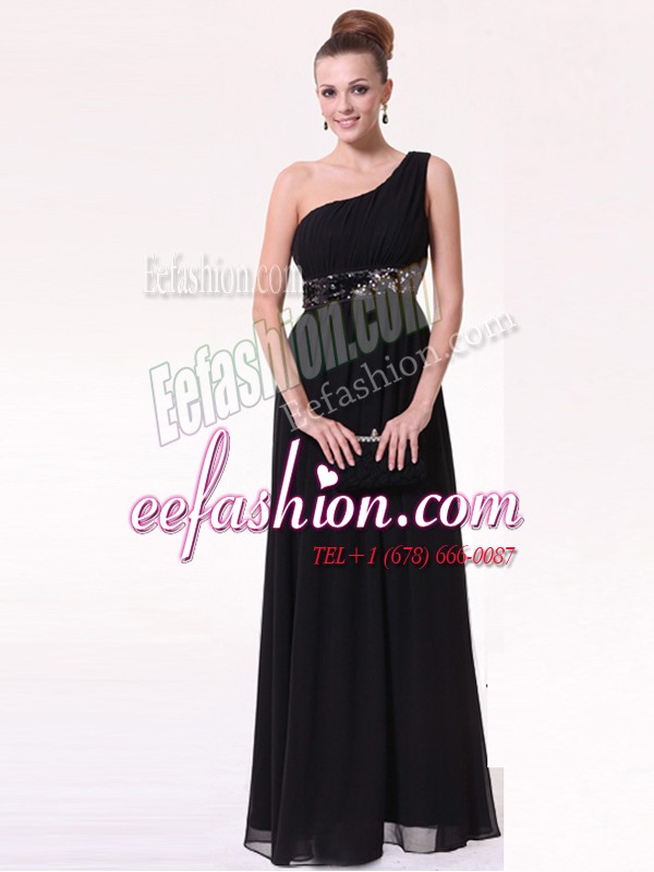 Noble Black Side Zipper One Shoulder Beading Dress for Prom Chiffon Sleeveless