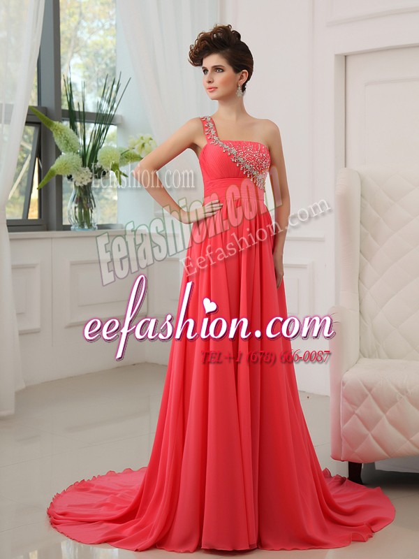  One Shoulder Sleeveless Chiffon With Brush Train Zipper Prom Dress in Watermelon Red with Beading