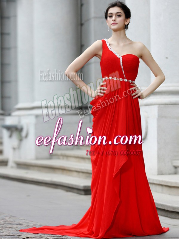 Most Popular One Shoulder Sleeveless Brush Train Zipper Prom Dresses Red Chiffon