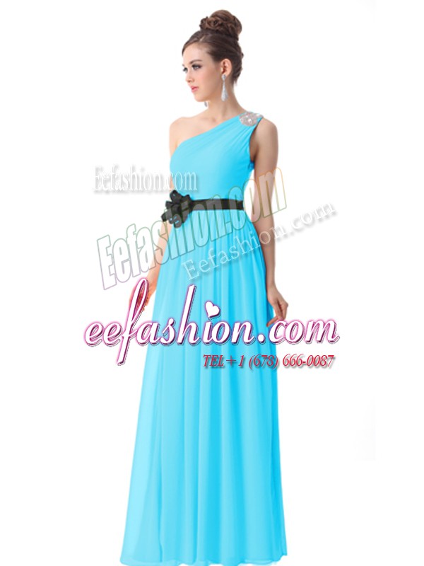 Romantic One Shoulder Beading and Ruching and Belt Dress for Prom Blue Side Zipper Sleeveless Floor Length