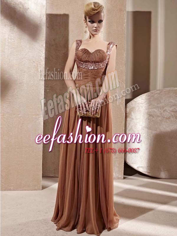 New Arrival Brown Sleeveless Beading Floor Length Prom Party Dress