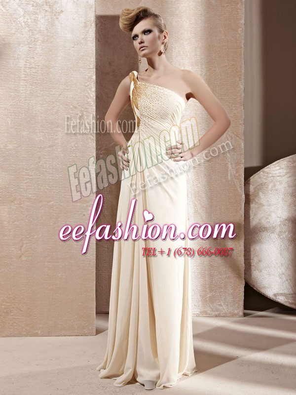  One Shoulder Sleeveless Floor Length Beading Side Zipper Prom Dresses with Champagne
