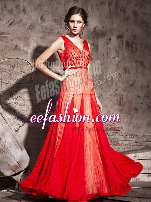 Fantastic Column/Sheath Womens Evening Dresses Red Straps Chiffon Sleeveless Floor Length Zipper