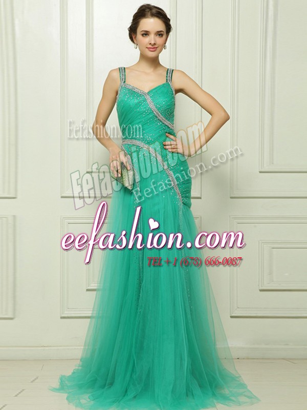  With Train Turquoise Prom Party Dress Organza Brush Train Sleeveless Beading and Ruching