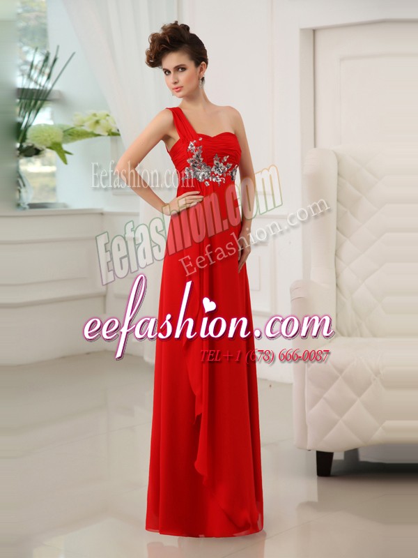Cheap Red Prom Party Dress Prom and Party and For with Beading and Appliques and Ruching One Shoulder Sleeveless Zipper