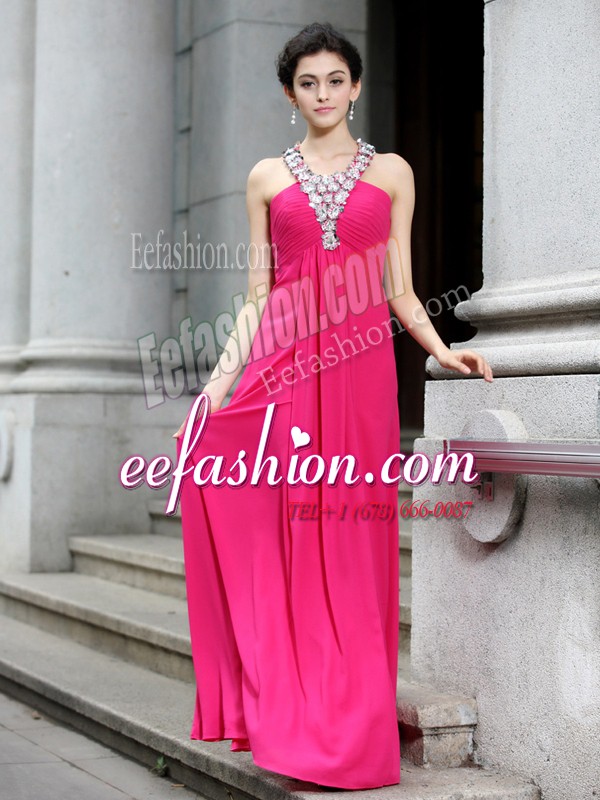  Hot Pink Chiffon Criss Cross Strapless Sleeveless Floor Length Prom Dress Beading and Ruching