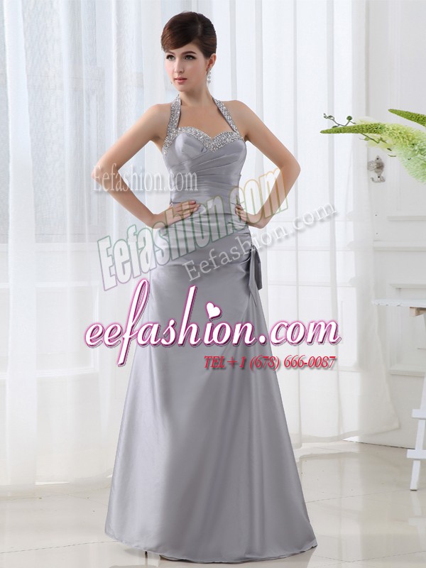 Graceful Halter Top Grey Sleeveless Beading and Ruching Floor Length Mother Of The Bride Dress