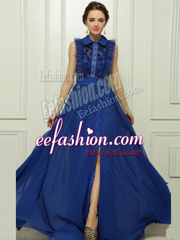  With Train Zipper Mother Of The Bride Dress Blue for Prom and Party with Appliques Brush Train