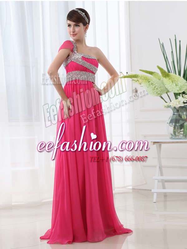  One Shoulder Hot Pink Cap Sleeves With Train Beading and Ruching Side Zipper Homecoming Dress