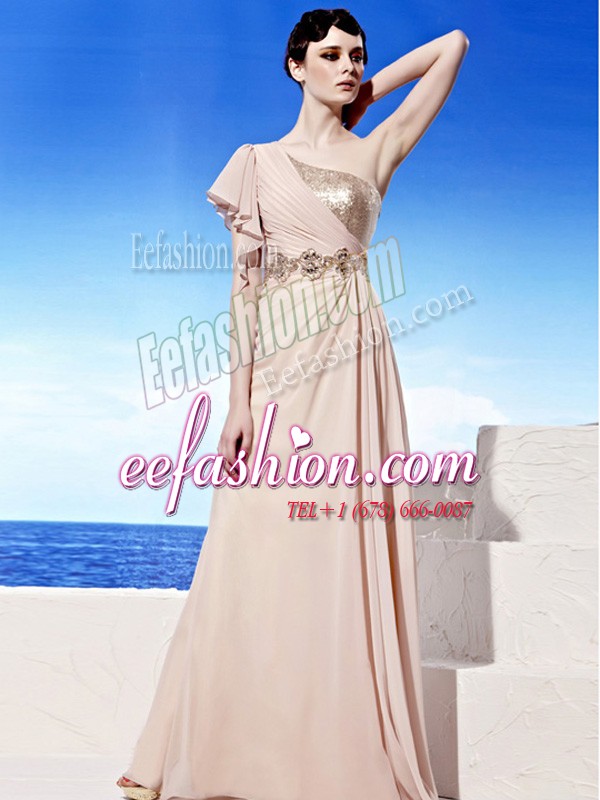  Peach Empire Chiffon One Shoulder Sleeveless Sequins and Ruching Floor Length Side Zipper Dress for Prom