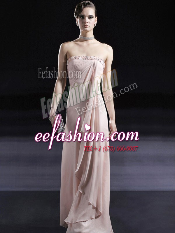  Floor Length Baby Pink Prom Party Dress Chiffon Sleeveless Beading