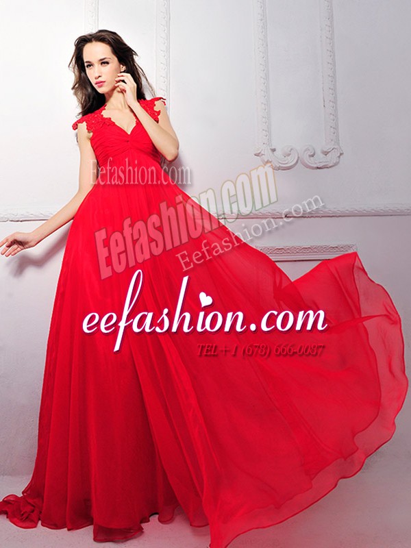Captivating Sleeveless Chiffon Floor Length Zipper Prom Evening Gown in Coral Red with Lace