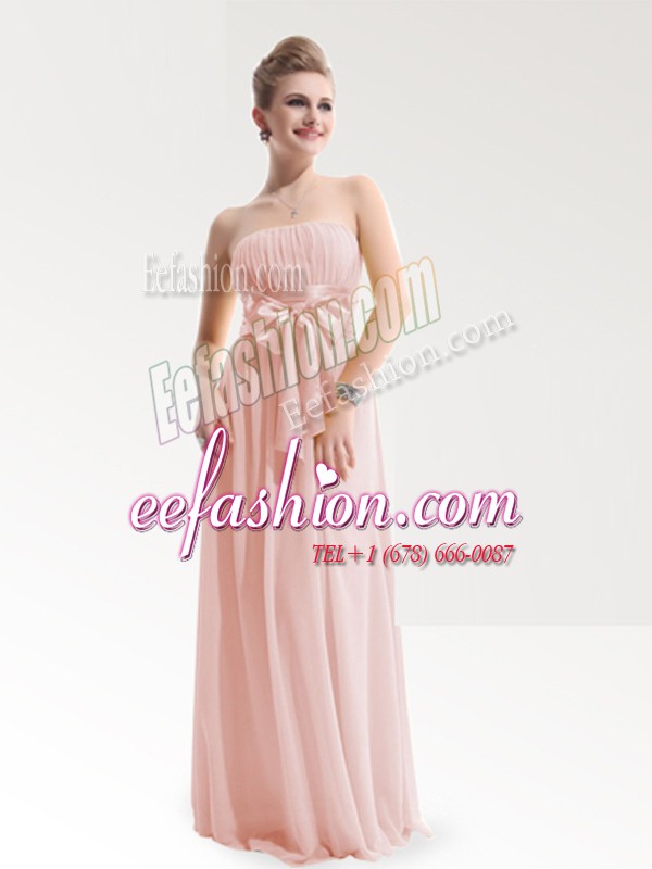 Glorious Baby Pink Sleeveless Ruching and Bowknot Floor Length Prom Dress