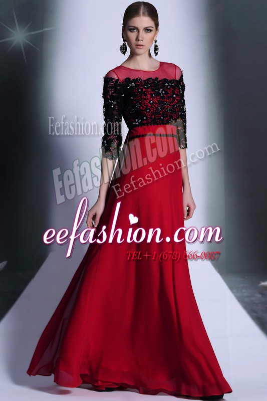 Scoop Red And Black 3 4 Length Sleeve Chiffon Clasp Handle Dress for Prom for Prom and Party