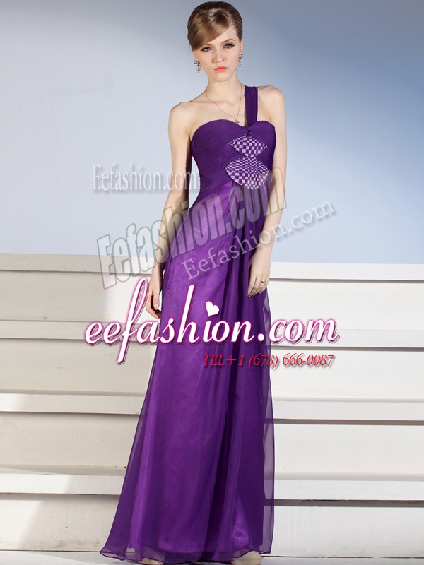  Chiffon One Shoulder Sleeveless Zipper Ruching and Bowknot Prom Evening Gown in Purple