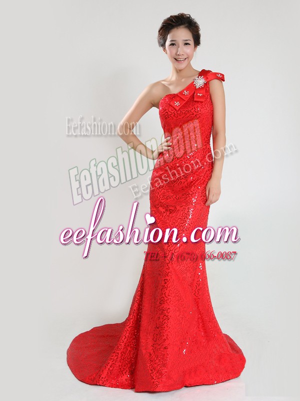 Top Selling One Shoulder Coral Red Sleeveless Sequins and Bowknot Zipper Evening Dress