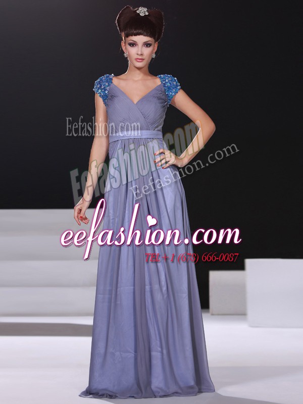 Glorious Column/Sheath Prom Gown Lavender V-neck Chiffon Short Sleeves Floor Length Zipper