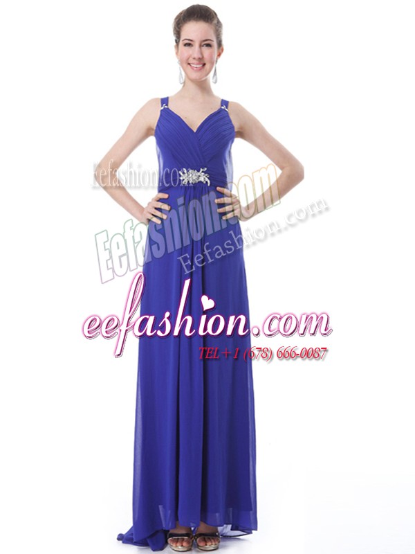  Blue Sleeveless Chiffon Brush Train Side Zipper Dress for Prom for Prom and Party
