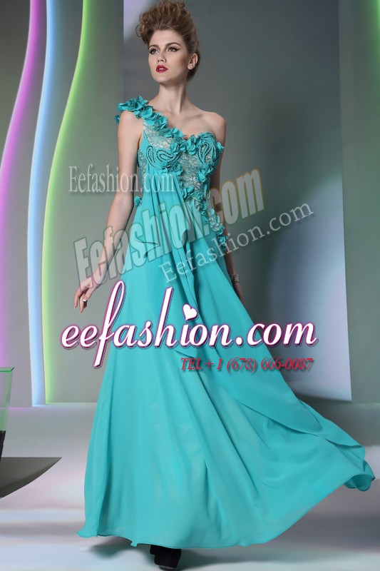 Popular Teal Column/Sheath One Shoulder Sleeveless Chiffon Floor Length Side Zipper Lace and Hand Made Flower Dress for Prom
