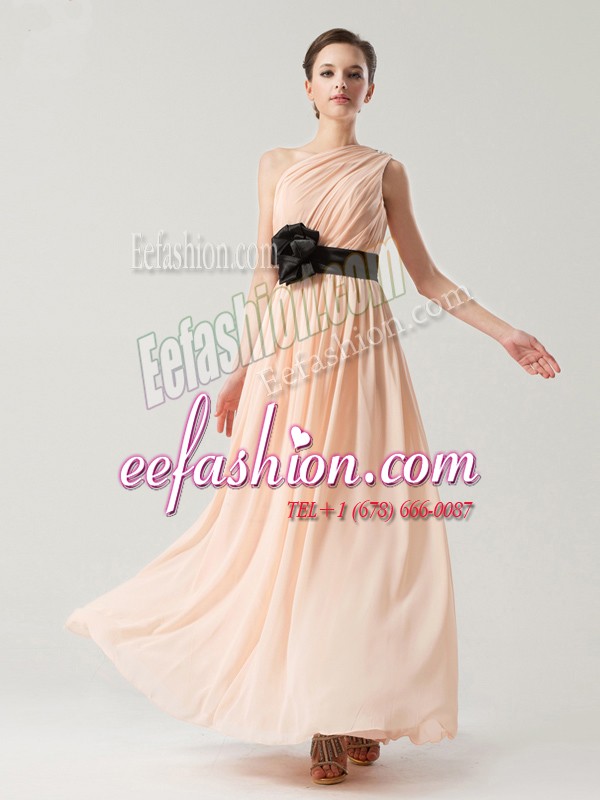 Adorable One Shoulder Ankle Length Side Zipper Prom Dress Peach for Prom and Party with Belt