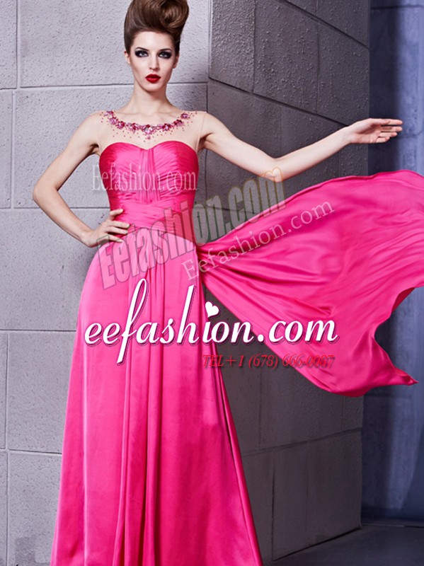 Dramatic Sweetheart Sleeveless Zipper Prom Dress Hot Pink Elastic Woven Satin