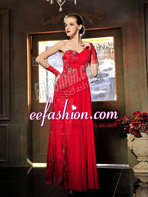 Red Satin Lace Up Sweetheart Sleeveless Floor Length Prom Evening Gown Beading and Ruching