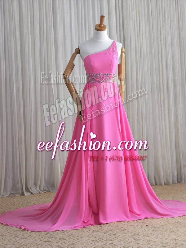 One Shoulder Sleeveless Homecoming Dress Brush Train Beading Rose Pink Chiffon