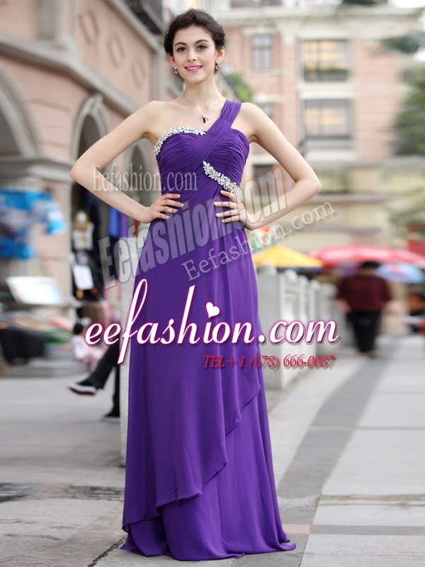  Purple Column/Sheath Chiffon One Shoulder Sleeveless Beading Floor Length Zipper Prom Gown