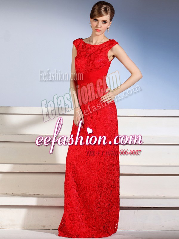 Free and Easy Bateau Sleeveless Prom Evening Gown Floor Length Lace Red Lace