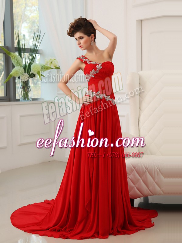 Exquisite Red Column/Sheath Chiffon One Shoulder Sleeveless Beading and Ruching With Train Zipper Prom Gown Sweep Train