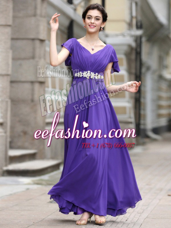  V-neck Cap Sleeves Zipper Dress for Prom Purple Chiffon