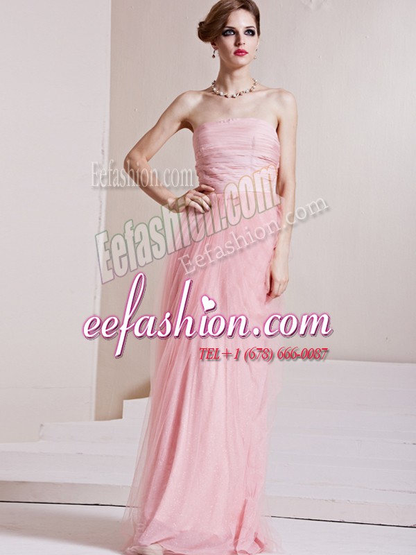 Dramatic Baby Pink Column/Sheath Tulle Strapless Sleeveless Ruching Floor Length Side Zipper Prom Gown