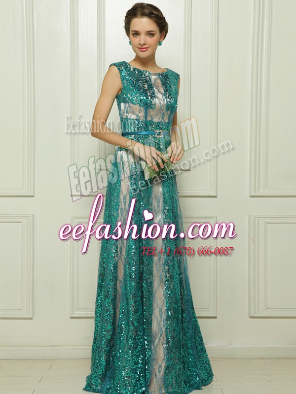  Scoop Floor Length Teal Homecoming Dress Tulle Sleeveless Beading and Sequins