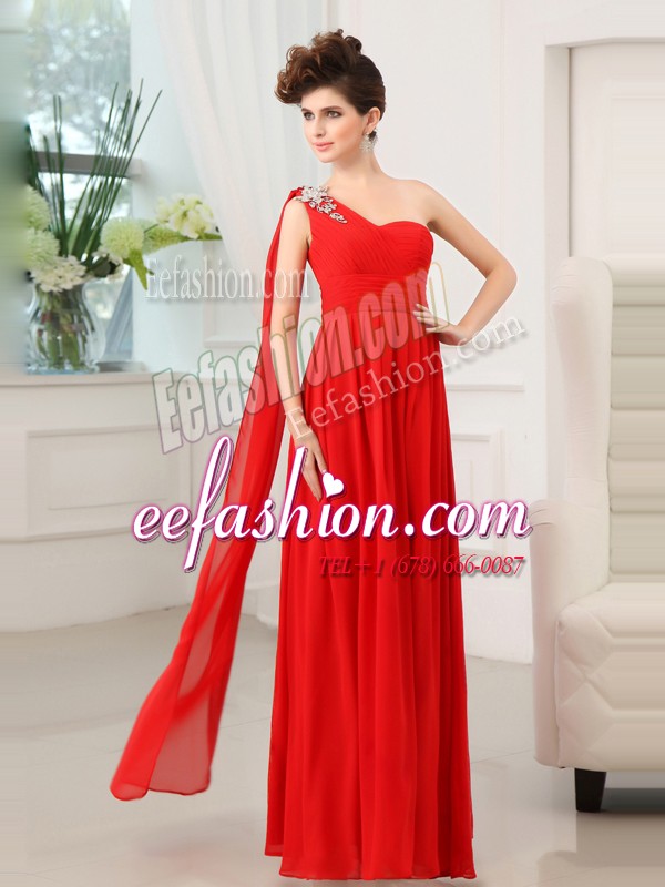 Attractive Floor Length Red Homecoming Dress One Shoulder Sleeveless Zipper