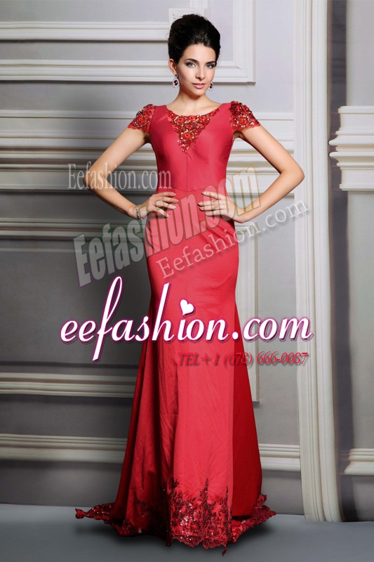 Inexpensive Scoop Appliques Prom Evening Gown Red Clasp Handle Short Sleeves Court Train