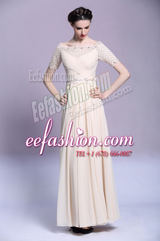  Champagne Column/Sheath Chiffon Bateau Sleeveless Beading and Appliques and Ruching Floor Length Zipper Prom Party Dress
