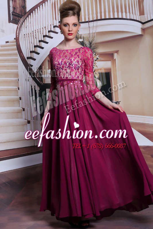  Fuchsia Zipper Prom Party Dress Lace and Sequins 3 4 Length Sleeve Floor Length