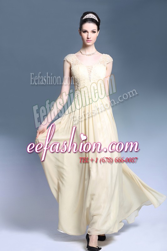 New Arrival Champagne Sleeveless Lace Ankle Length Dress for Prom