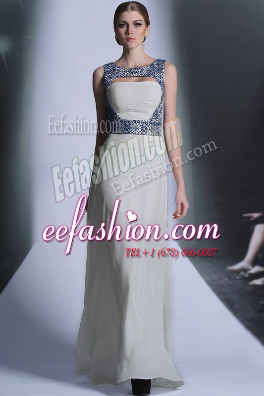 Exceptional Floor Length White Prom Gown Chiffon Sleeveless Embroidery