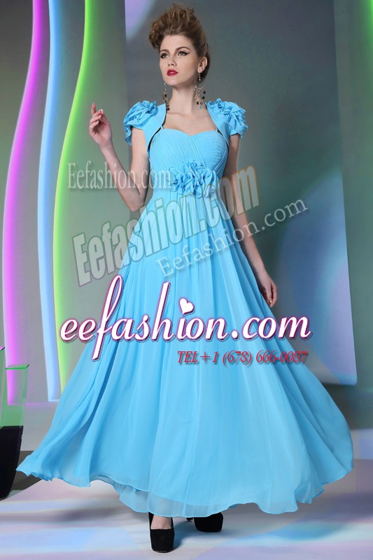 Elegant Floor Length Baby Blue Dress for Prom Chiffon Cap Sleeves Beading and Hand Made Flower