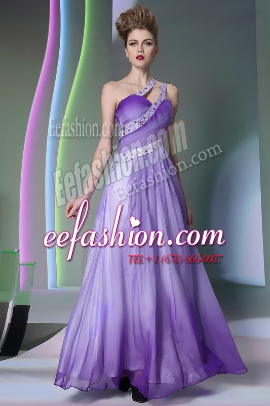  One Shoulder Sleeveless Side Zipper Floor Length Beading and Ruching Prom Party Dress