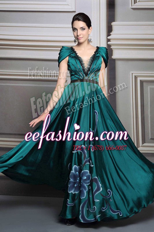Charming Dark Green Zipper Prom Evening Gown Beading and Embroidery and Belt Short Sleeves Floor Length