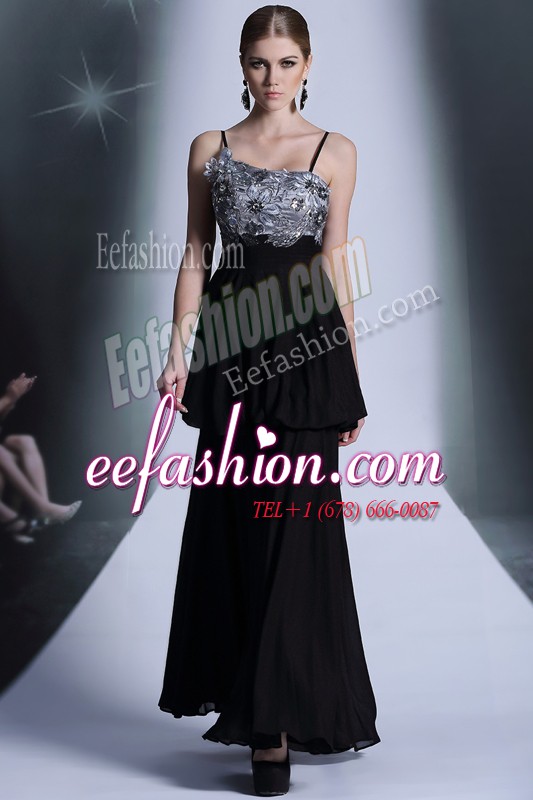  Black Spaghetti Straps Side Zipper Embroidery and Sequins and Hand Made Flower Prom Dress Sleeveless