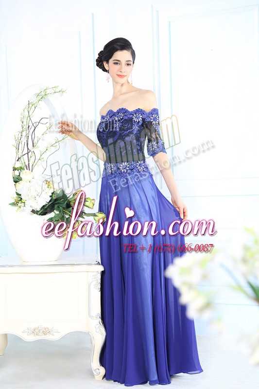  Column/Sheath Prom Party Dress Blue Scalloped Chiffon Half Sleeves Floor Length Zipper
