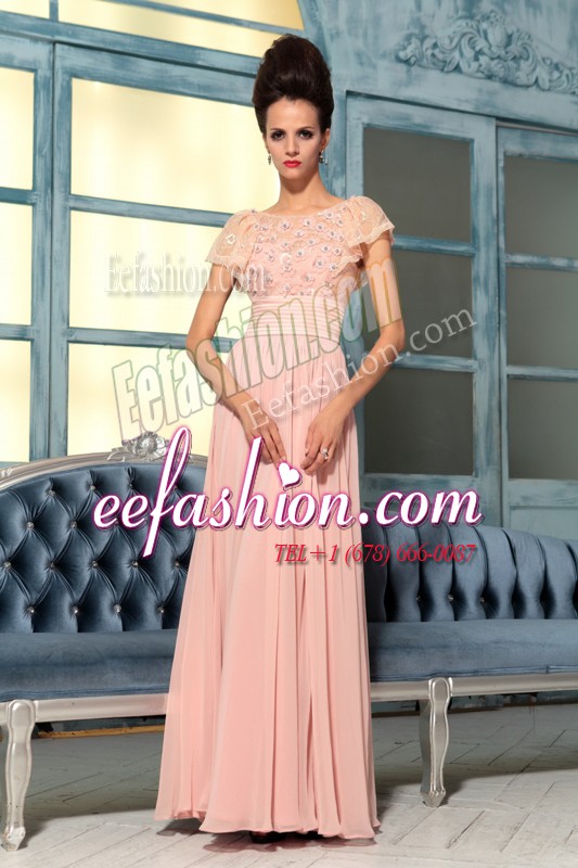 Fantastic Pink Empire Bateau Cap Sleeves Chiffon Floor Length Side Zipper Lace and Hand Made Flower Prom Gown