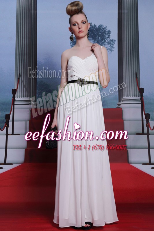 High End Sleeveless Chiffon Floor Length Side Zipper Homecoming Dress in White with Ruching and Belt
