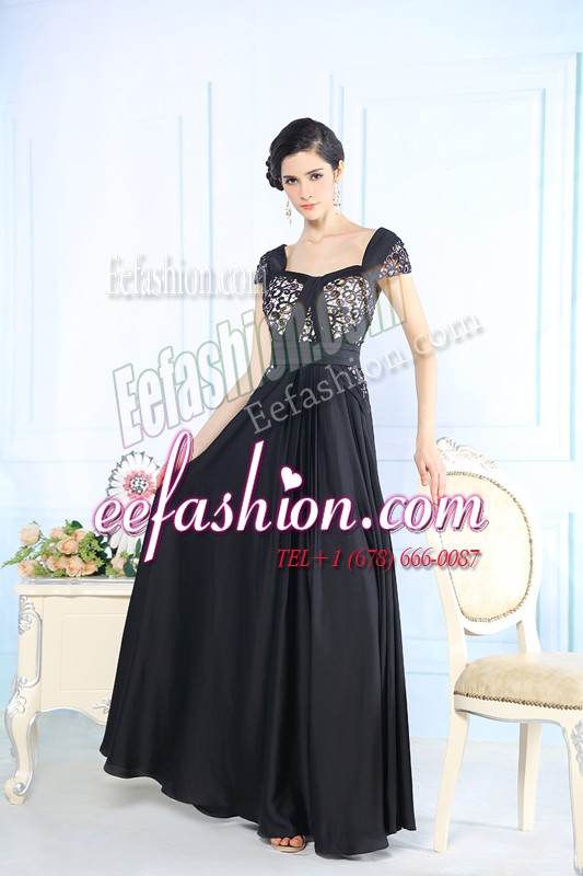 Perfect Cap Sleeves Floor Length Beading Zipper Mother Of The Bride Dress with Black